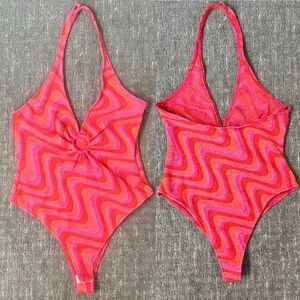 Zara Bright Red Orange Terry Cloth Funky Print Halter Body Suit Small